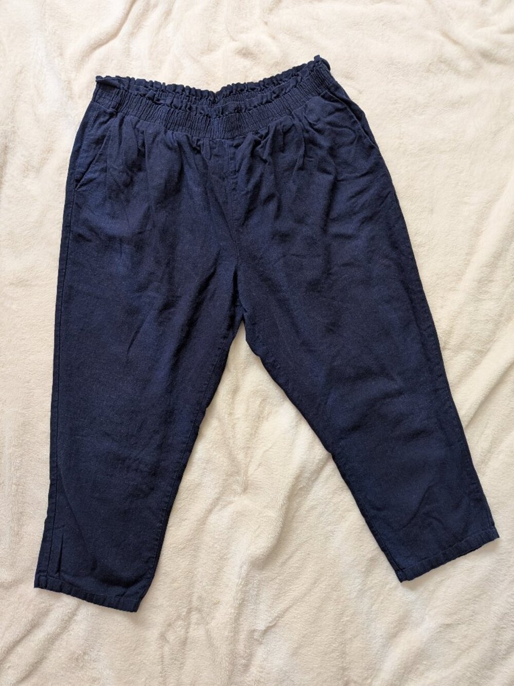 Linen Blend Women's XL Navy Blue Cropped Pull-On Pants Coastal Loungewear Casual